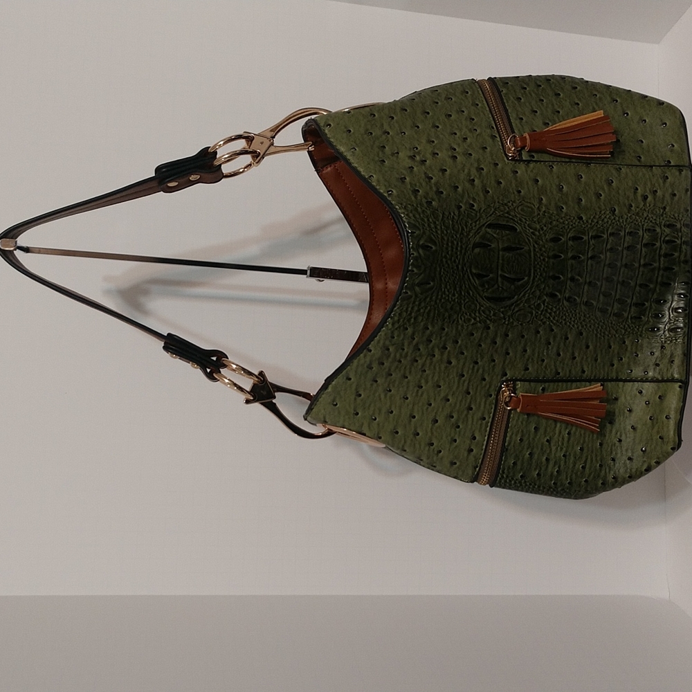 New Green & Cognac Faux Ostrich Shoulder Bag